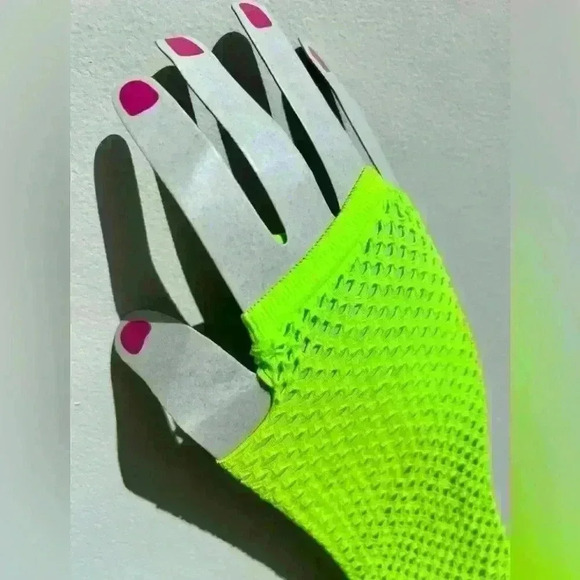 Neon Green Fishnet Fingerless Gloves Rave Halloween Costume Festival Emo Punk - Picture 2 of 4